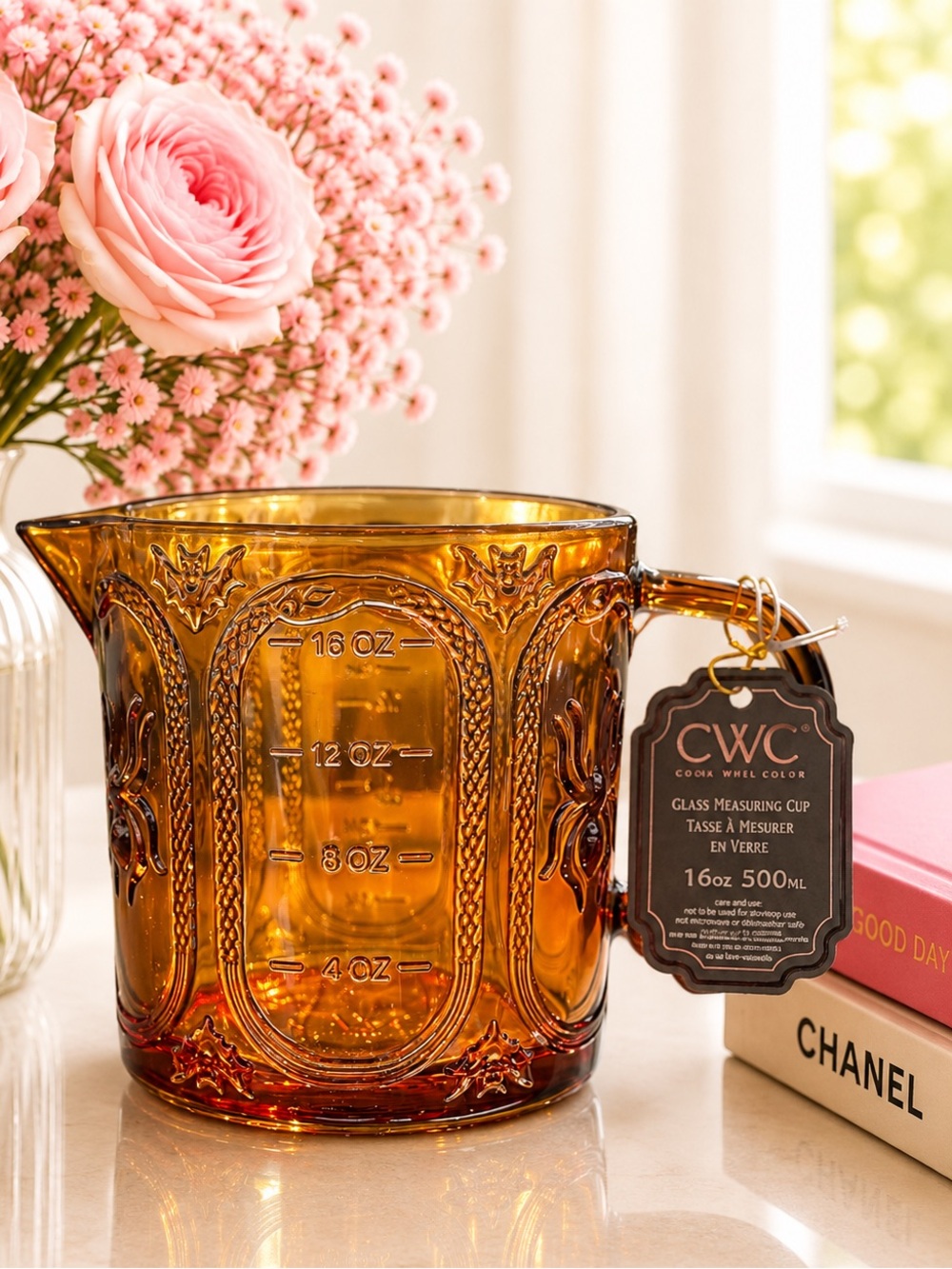 CWC Cook With Color Halloween Glass Measuring Cup 16oz Amber Spider Snake NWT
